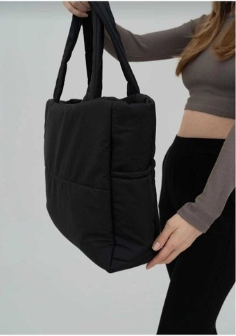 Tanözel Kabartmalı Puf Kumaş Shopper Kadın Omuz Çantası Siyah