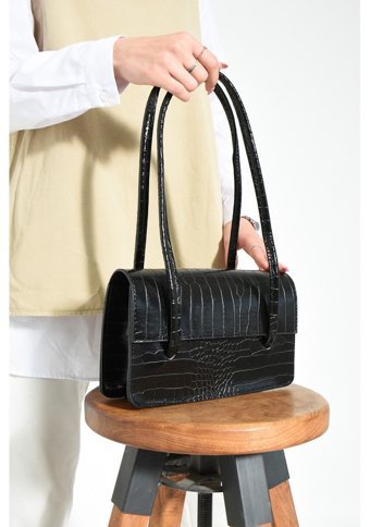 Valu Accessorize Kroko Desenli Kapaklı Baget Kadın Omuz Çantası Siyah