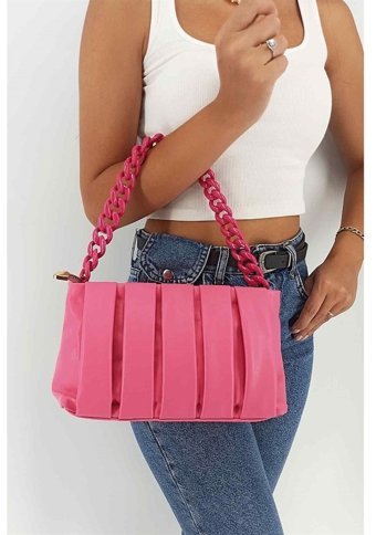 Çlk Accessories Zincirli Soft Büzgü Deri Tr1218 Kadın Omuz Çantası Pembe