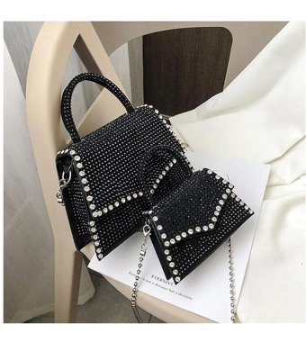 Summer Love Mini Parlak Elmas Zincirli Küçük Kare Kadın Omuz Çantası Siyah