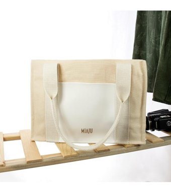 Miaju Deri Cepli Kanvas Tote Bag Krem Omuz Kadın Omuz Çantası Beyaz - Krem