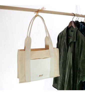 Miaju Deri Cepli Kanvas Tote Bag Krem Omuz Kadın Omuz Çantası Beyaz - Krem