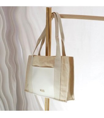 Miaju Deri Cepli Kanvas Tote Bag Krem Omuz Kadın Omuz Çantası Beyaz - Krem