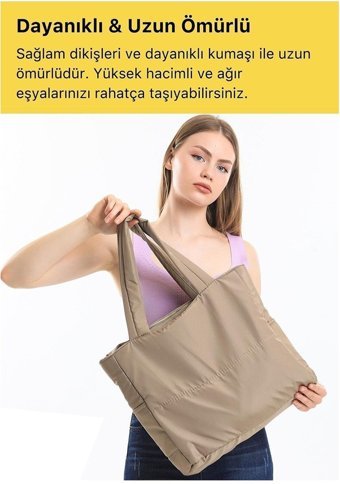 Çanta Sepetim Puf Kumaş Kabartmalı Kadın Omuz Çantası Bej