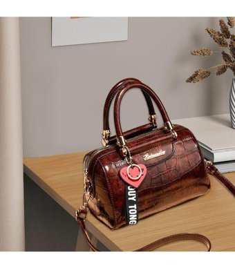 Magideal Suntek Üst Saplı Taş Desenli Tote Kadın Omuz Çantası Kahverengi