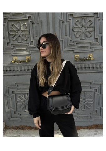 Gülşah Çaptı Bag Kanvas Kapaklı Kadın Omuz Çantası Siyah