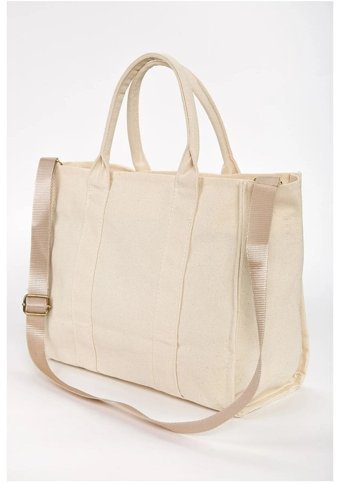 Modhy Organik Kanvas Kumaş Tote Bag Krem Kadın Omuz Çantası Krem