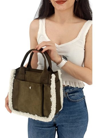 Çlk Accessories Kadife Kumaş Önü Cepli Tüylü Spor Askı Kadın Omuz Çantası Yeşil