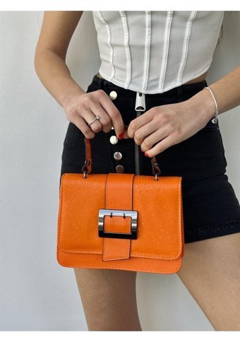 Takmoda Yılan Derisi Desen Tokalı Kadın Omuz Çantası Turuncu