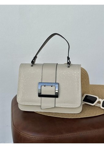 Takmoda Yılan Derisi Desen Tokalı Kadın Omuz Çantası Bej