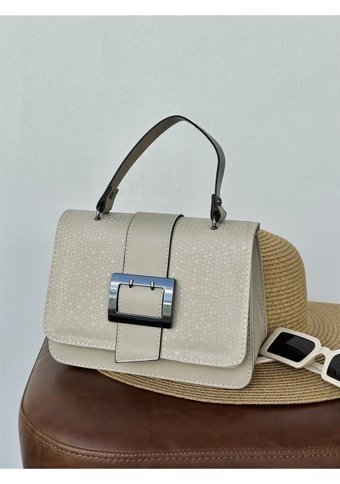 Takmoda Yılan Derisi Desen Tokalı Kadın Omuz Çantası Bej