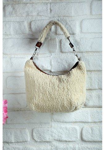 Valu Accessorize Kürklü Peluş Oval Kadın Omuz Çantası Bej