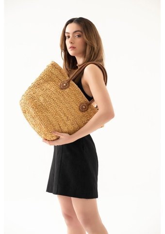 Refox Hasır Shopper Aten Kadın Omuz Çantası Camel
