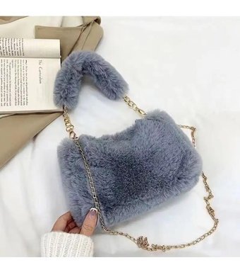 Yufy Çanta Kore Tarzı Lüks Peluş Kadın Omuz Çantası Gri