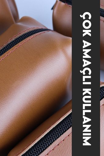 Mujgan Bölmeli Kahverengi Düz Suni Deri 4 Boy Seyahat Makyaj Çantası Seti