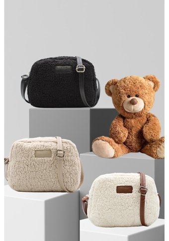 Nothing Kürklü Peluş Mini Urban Seti 3'Lü Kadın Omuz Çantası Vizon - Krem - Siyah