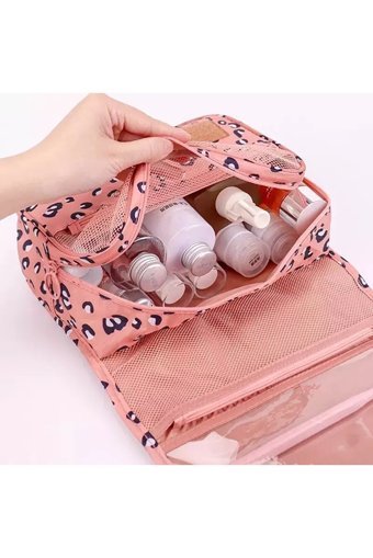 Travel Bölmeli Pembe Leopar Desenli Kumaş Büyük Boy Çok Gözlü Seyahat Makyaj Çantası