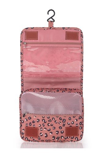 Travel Bölmeli Pembe Leopar Desenli Kumaş Büyük Boy Çok Gözlü Seyahat Makyaj Çantası