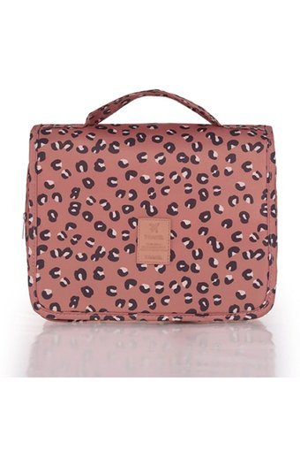 Travel Bölmeli Pembe Leopar Desenli Kumaş Büyük Boy Çok Gözlü Seyahat Makyaj Çantası