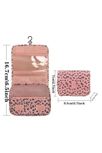 Travel Bölmeli Pembe Leopar Desenli Kumaş Büyük Boy Çok Gözlü Seyahat Makyaj Çantası