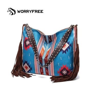 Worryfreeshopping Wr409601 Vintage Stil Püskül Kadın Omuz Çantası Mavi