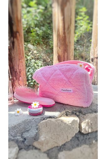 Punchiess Pembe Düz Kumaş Küçük Boy Seyahat Makyaj Çantası
