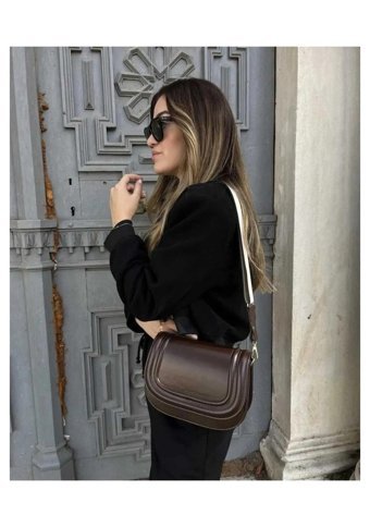 Gülşah Çaptı Bag Kanvas Kapaklı Kadın Omuz Çantası Kahverengi - Siyah