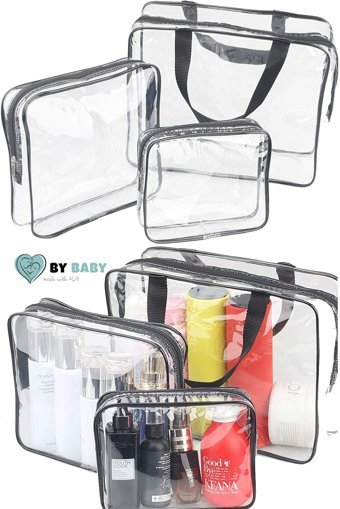 Bybaby Şeffaf Yazılı Plastik 3 Boy Seyahat Makyaj Çantası Seti