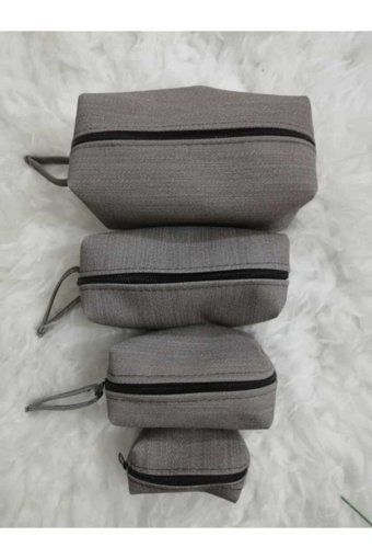 Rose Matruşka Gri Düz Kumaş 4 Boy Makyaj Çantası Seti
