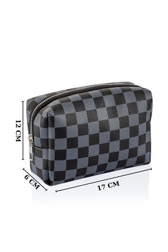 Namlı Çanta Ns reliable Bölmeli Gri Kareli Polyester 2 Boy Çok Gözlü Seyahat Makyaj Çantası Seti
