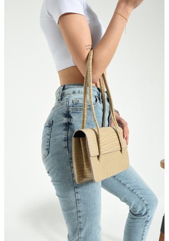 Valu Accessorize Kroko Desenli Kapaklı Baget Krem Kadın Omuz Çantası Krem