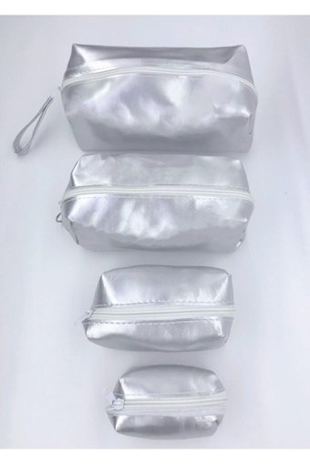 Moon Shoppıng Matruşka Gümüş Düz Suni Deri 4 Boy Seyahat Makyaj Çantası Seti