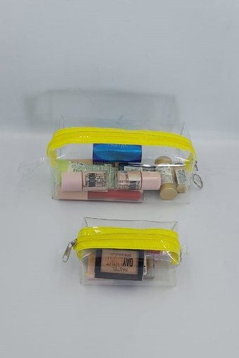 Togin Sarı Düz Şeffaf 2 Boy Seyahat Makyaj Çantası Seti