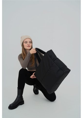Tanözel Kabartmalı Puf Kumaş Shopper Napoli Ll Kadın Omuz Çantası Siyah