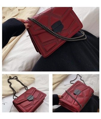 Forestbird Retro Küçük Kare Doku Zincir Kadın Omuz Çantası Kırmızı