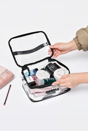 Rıpstar Siyah-Şeffaf Düz Plastik Büyük Boy Seyahat Makyaj Çantası