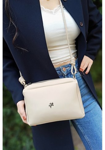 Çlk Accessories İnce Askı Düz Deri Krem Krem Kadın Omuz Çantası Krem