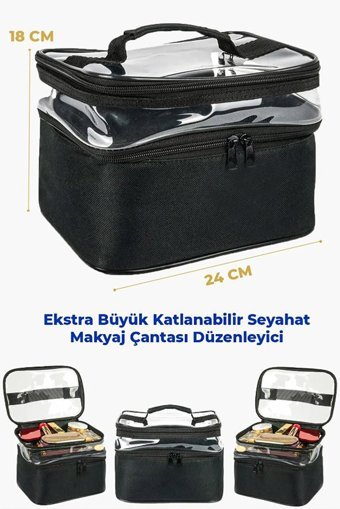 Woys Bags Bölmeli Katlı Siyah-Şeffaf Düz Plastik-Kumaş Büyük Boy Çok Gözlü Seyahat Makyaj Çantası