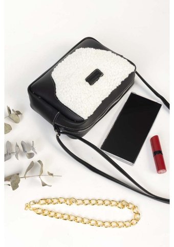 Nothing Mini Deri Peluş Urban Krem Kadın Omuz Çantası Siyah - Krem
