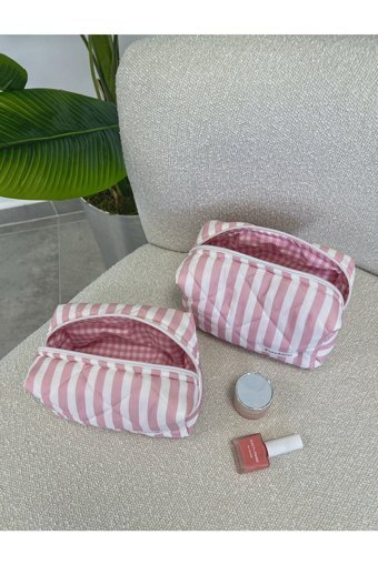 Punchiess Beyaz-Pembe Çizgili Kumaş Büyük Boy Seyahat Makyaj Çantası