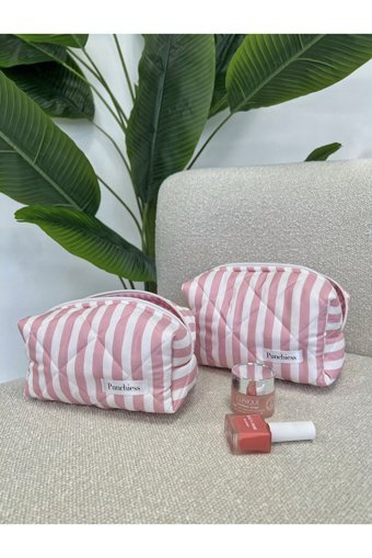 Punchiess Beyaz-Pembe Çizgili Kumaş Büyük Boy Seyahat Makyaj Çantası