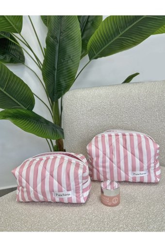 Punchiess Beyaz-Pembe Çizgili Kumaş Büyük Boy Seyahat Makyaj Çantası