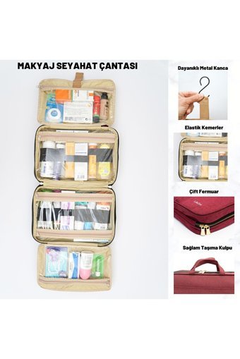 Lifezon Bölmeli Kırmızı Düz Biga Kumaş Büyük Boy Çok Gözlü Seyahat Makyaj Çantası