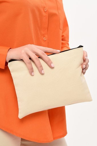 Çınar Bez Çanta Clutch Bej Düz Kumaş Orta Boy Seyahat Makyaj Çantası