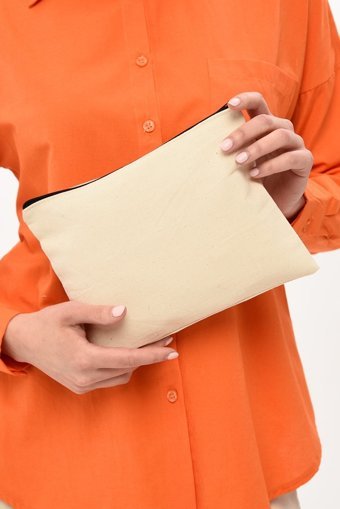 Çınar Bez Çanta Clutch Bej Düz Kumaş Orta Boy Seyahat Makyaj Çantası