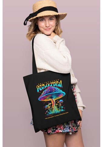 Brz Collection Psilocybin Beats Tote Bag Gabardin Kadın Omuz Çantası Siyah