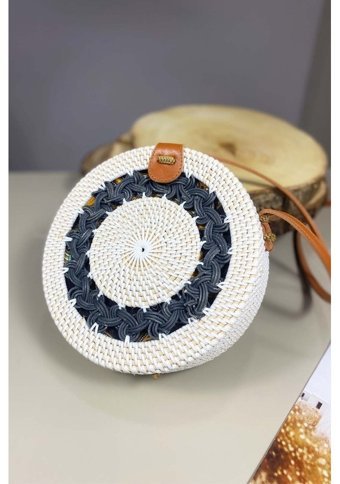 Refox Yuvarlak Rattan Hasırı Yuvarlak Desenli Kadın Omuz Çantası Çok Renkli