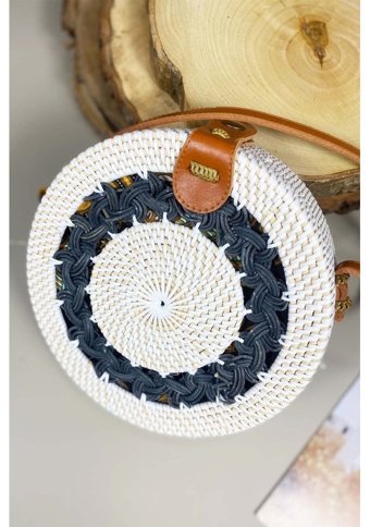 Refox Yuvarlak Rattan Hasırı Yuvarlak Desenli Kadın Omuz Çantası Çok Renkli