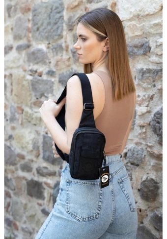 Newish Polo Unisex Krinkıl Bölmeli Mini Kadın Omuz Çantası Siyah