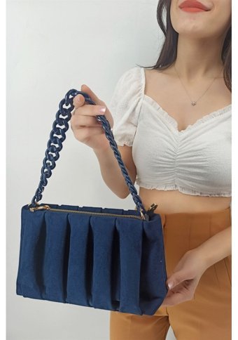 Çlk Accessories Zincirli Nubuk Büzgü Deri Tr12180 Kadın Omuz Çantası Lacivert